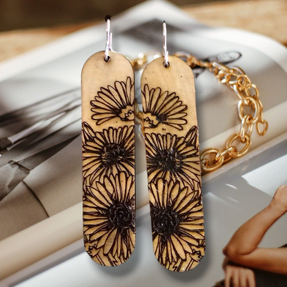 Engraved Wood Flower Earrings, Wooden Boho Jewelry, Botanical Dangle Earrings, Earthy Accessories, Gift for Nature Lovers