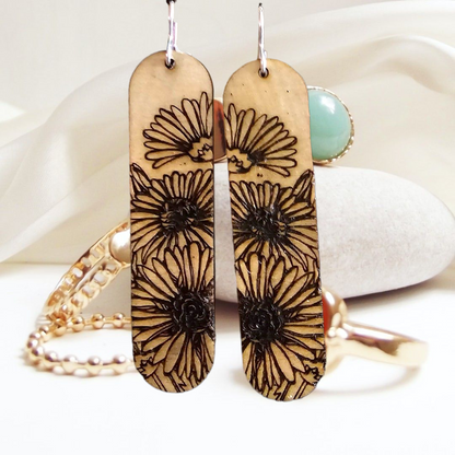 Engraved Wood Flower Earrings, Wooden Boho Jewelry, Botanical Dangle Earrings, Earthy Accessories, Gift for Nature Lovers