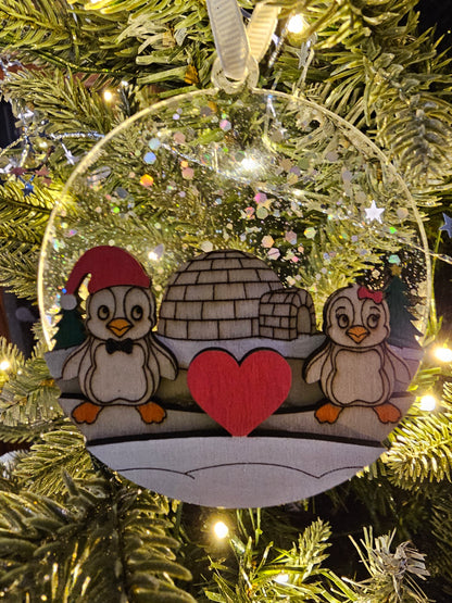 Penguin Couple Ornament, Hand Painted wood Christmas Ornament, Penguin Decor, Holiday Gift