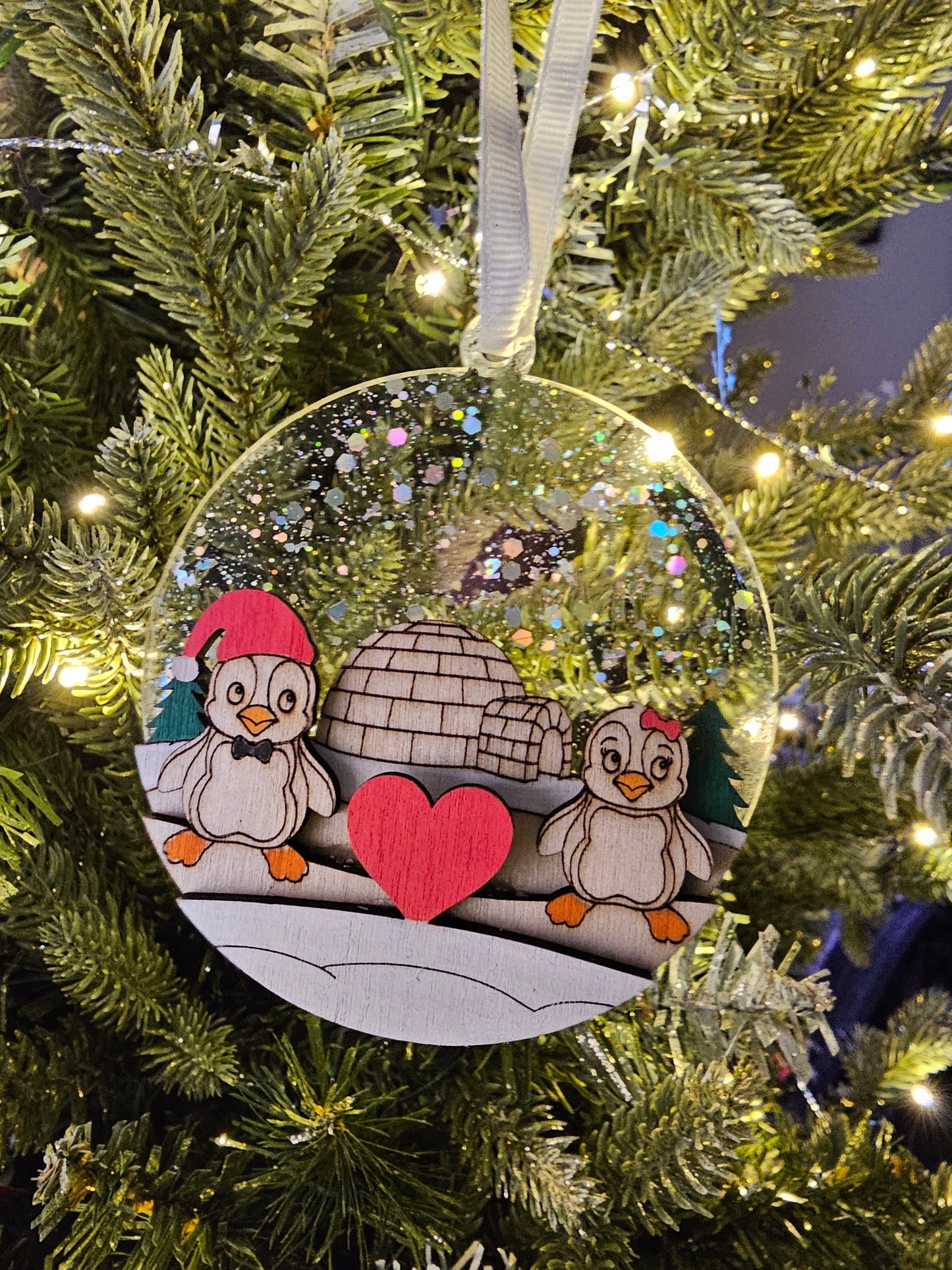 Penguin Couple Ornament, Hand Painted wood Christmas Ornament, Penguin Decor, Holiday Gift