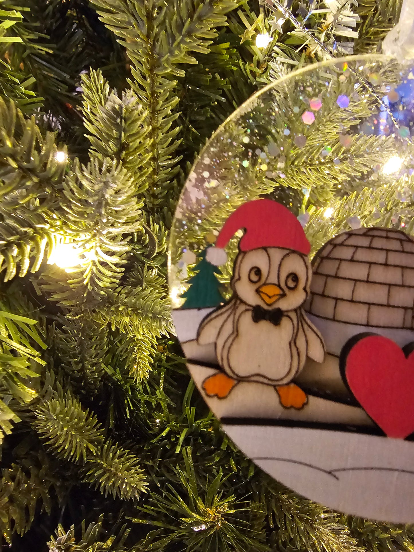 Penguin Couple Ornament, Hand Painted wood Christmas Ornament, Penguin Decor, Holiday Gift