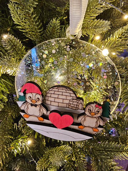 Penguin Couple Ornament, Hand Painted wood Christmas Ornament, Penguin Decor, Holiday Gift