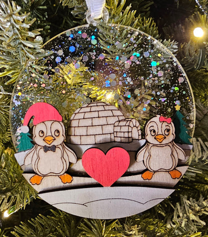 Penguin Couple Ornament, Hand Painted wood Christmas Ornament, Penguin Decor, Holiday Gift