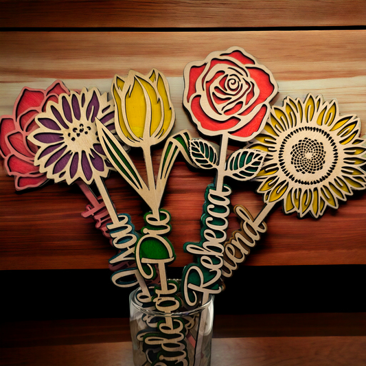 Hand-Painted Wooden Flowers - Personalized Botanical Beauties, Sunflower, Daisy, Peony, Tulip, Rose