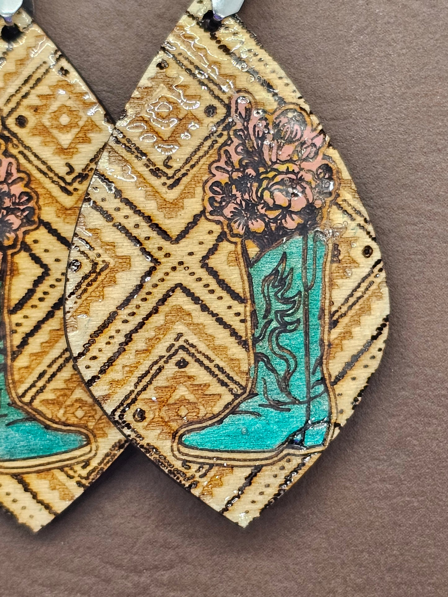 Teal Cowboy Boots & Pink Peonies Delight Earrings for Fun Adventures, for the rodeo, farmhouse style