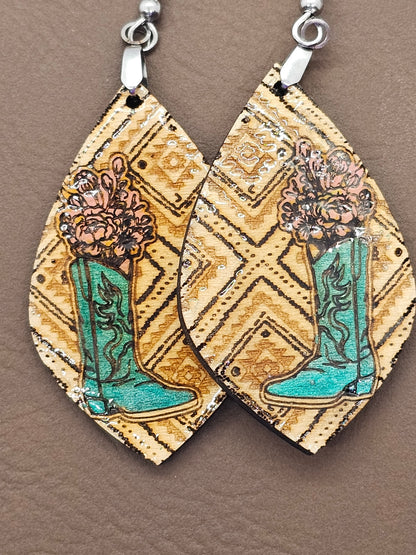 Teal Cowboy Boots & Pink Peonies Delight Earrings for Fun Adventures, for the rodeo, farmhouse style