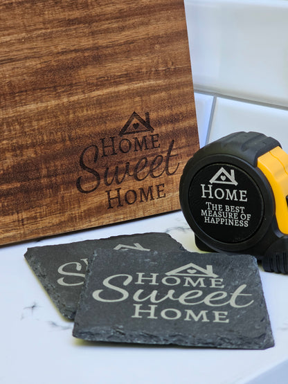 Customized New Homeowner Gift Basket: Acacia Cutting Board, Slate Coasters & Measuring Tape