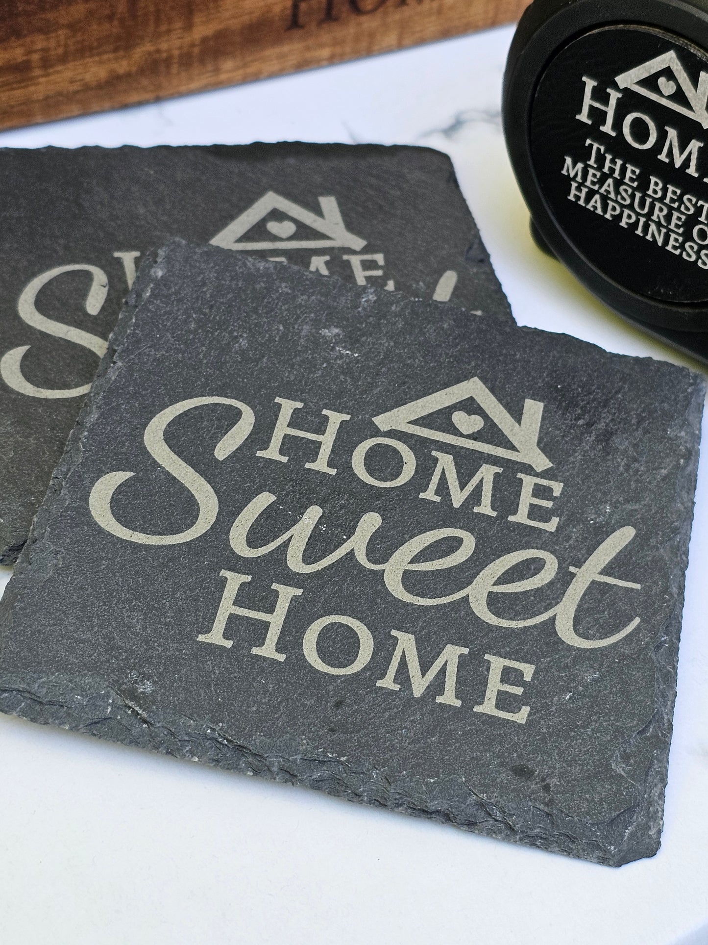 Customized New Homeowner Gift Basket: Acacia Cutting Board, Slate Coasters & Measuring Tape