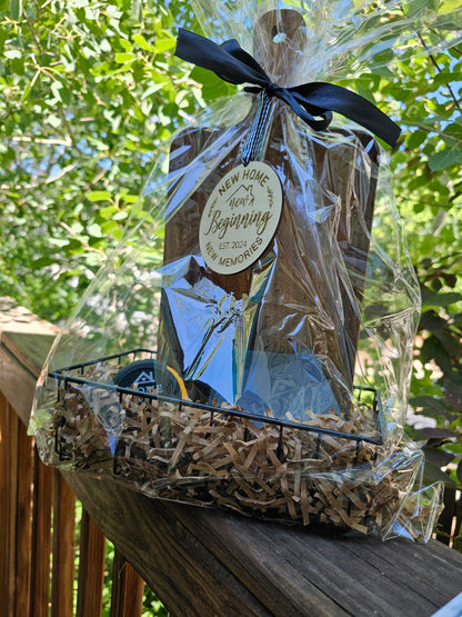 Customized New Homeowner Gift Basket: Acacia Cutting Board, Slate Coasters & Measuring Tape