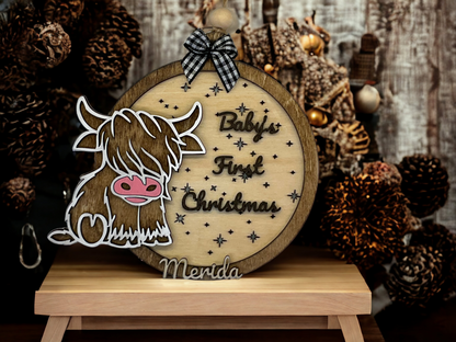 Baby's First Christmas Highland Cow, Cute Cow Ornament, Personalized Baby Gift, Holiday Decor