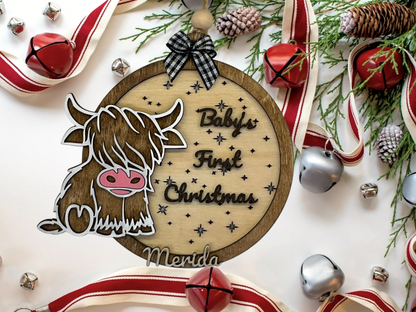 Baby's First Christmas Highland Cow, Cute Cow Ornament, Personalized Baby Gift, Holiday Decor