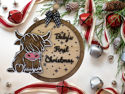 Baby's First Christmas Highland Cow, Cute Cow Ornament, Personalized Baby Gift, Holiday Decor