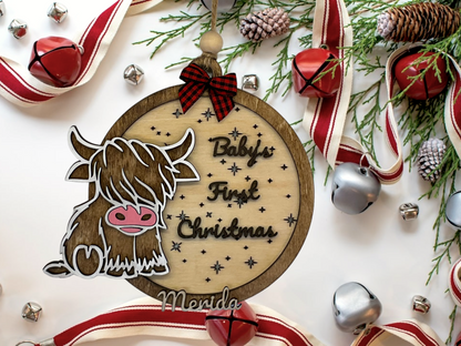 Baby's First Christmas Highland Cow, Cute Cow Ornament, Personalized Baby Gift, Holiday Decor