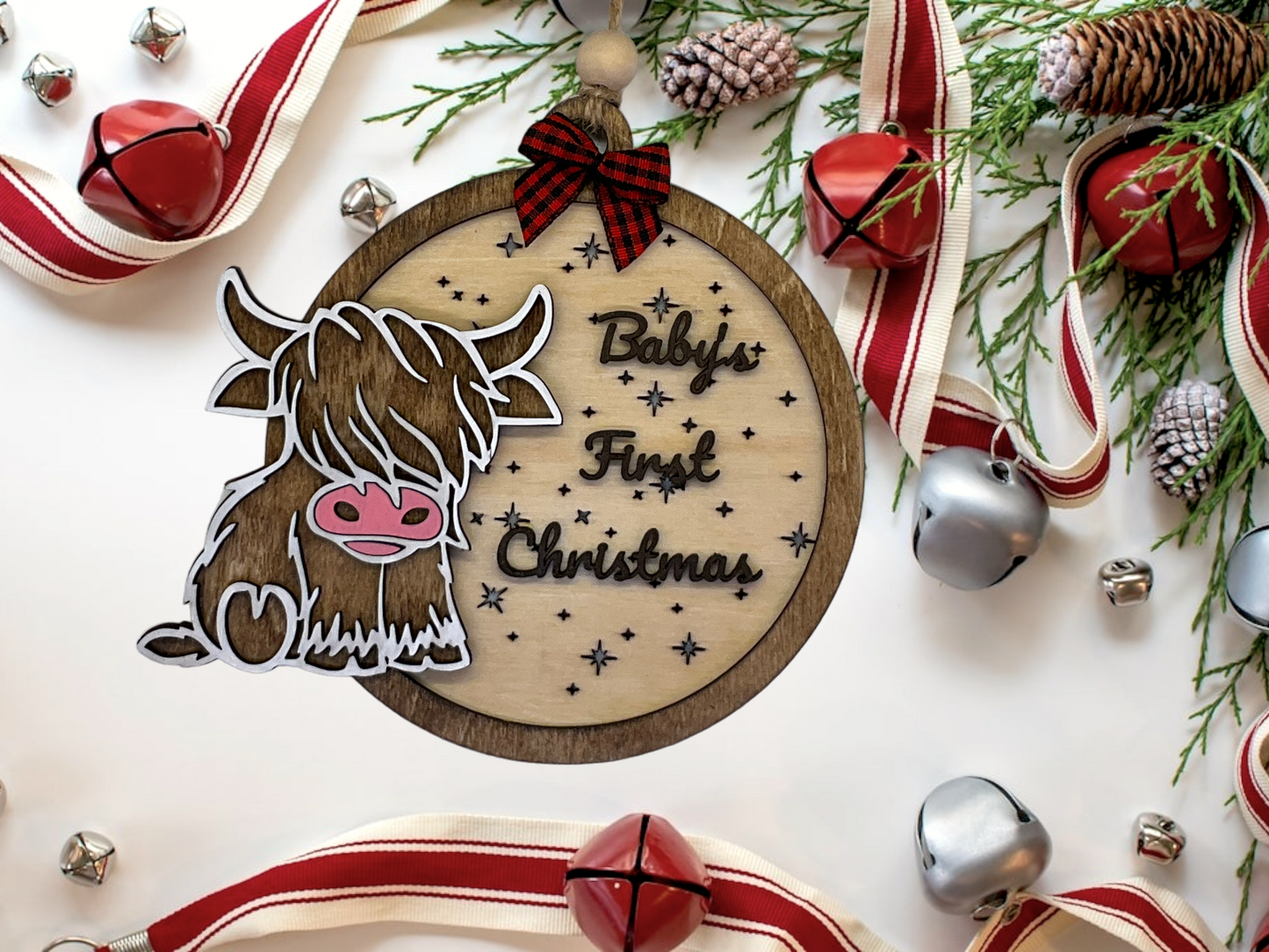 Baby's First Christmas Highland Cow, Cute Cow Ornament, Personalized Baby Gift, Holiday Decor