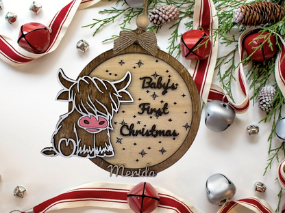 Baby's First Christmas Highland Cow, Cute Cow Ornament, Personalized Baby Gift, Holiday Decor