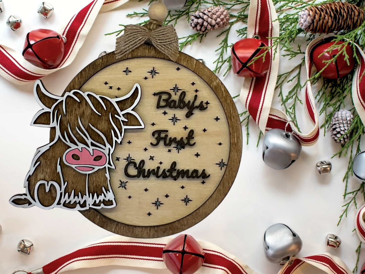 Baby's First Christmas Highland Cow, Cute Cow Ornament, Personalized Baby Gift, Holiday Decor