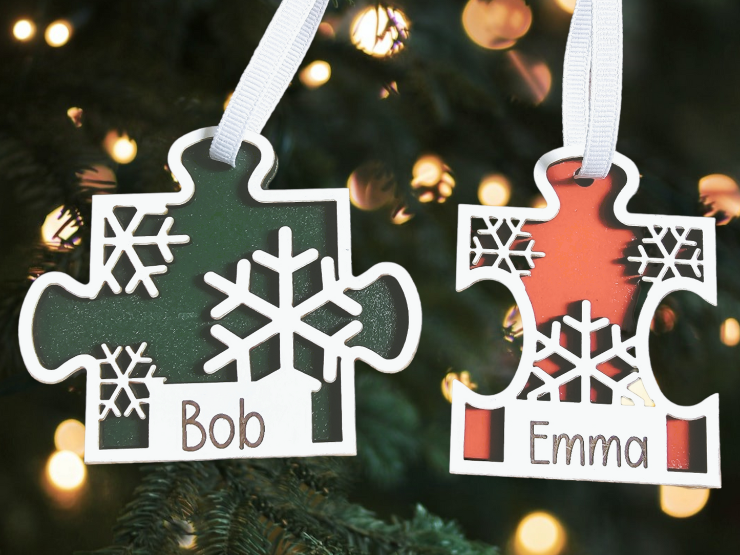 Wooden Puzzle Ornament with Personalization, Custom Name Christmas Decoration, Personalized Holiday Gift