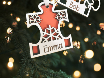 Wooden Puzzle Ornament with Personalization, Custom Name Christmas Decoration, Personalized Holiday Gift