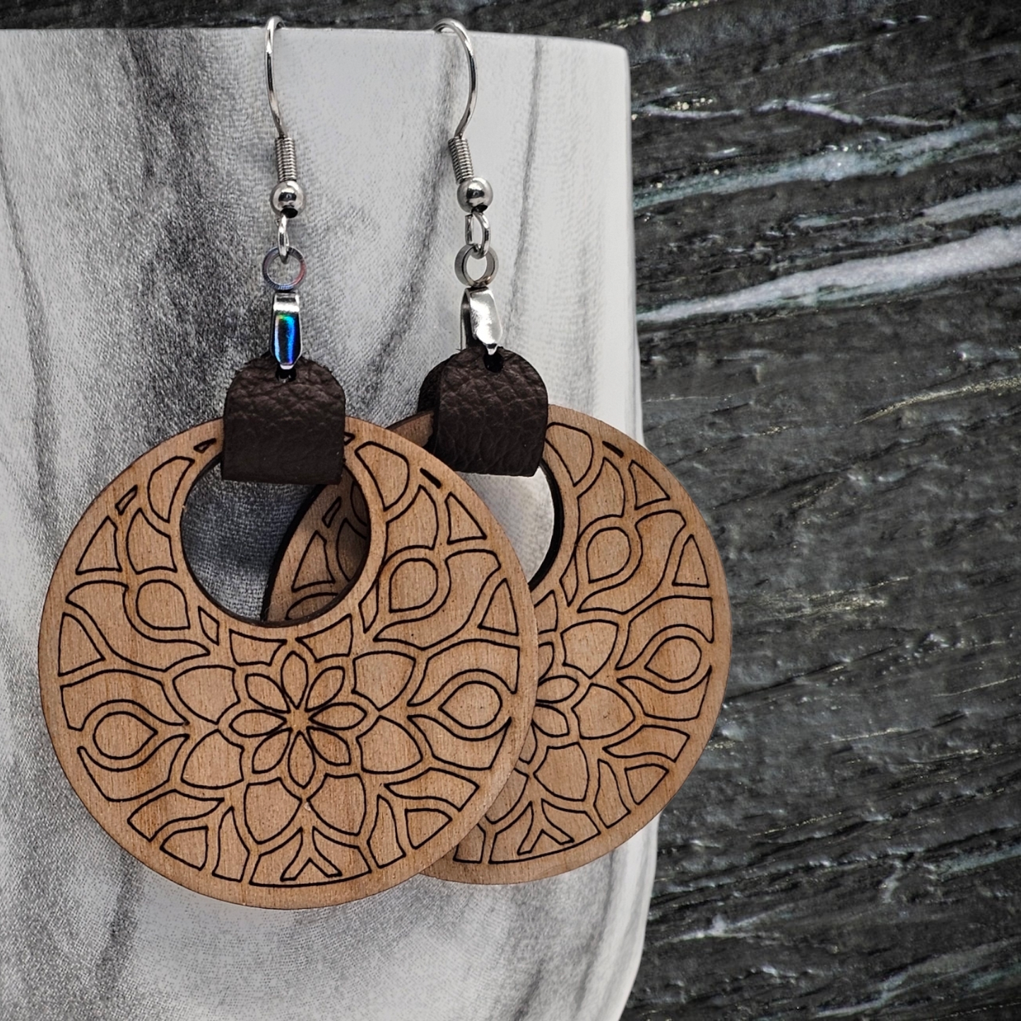 Mandala Walnut or Oak wood and Leather Earrings for a Touch of Artistic Elegance, made with hypoallergenic posts