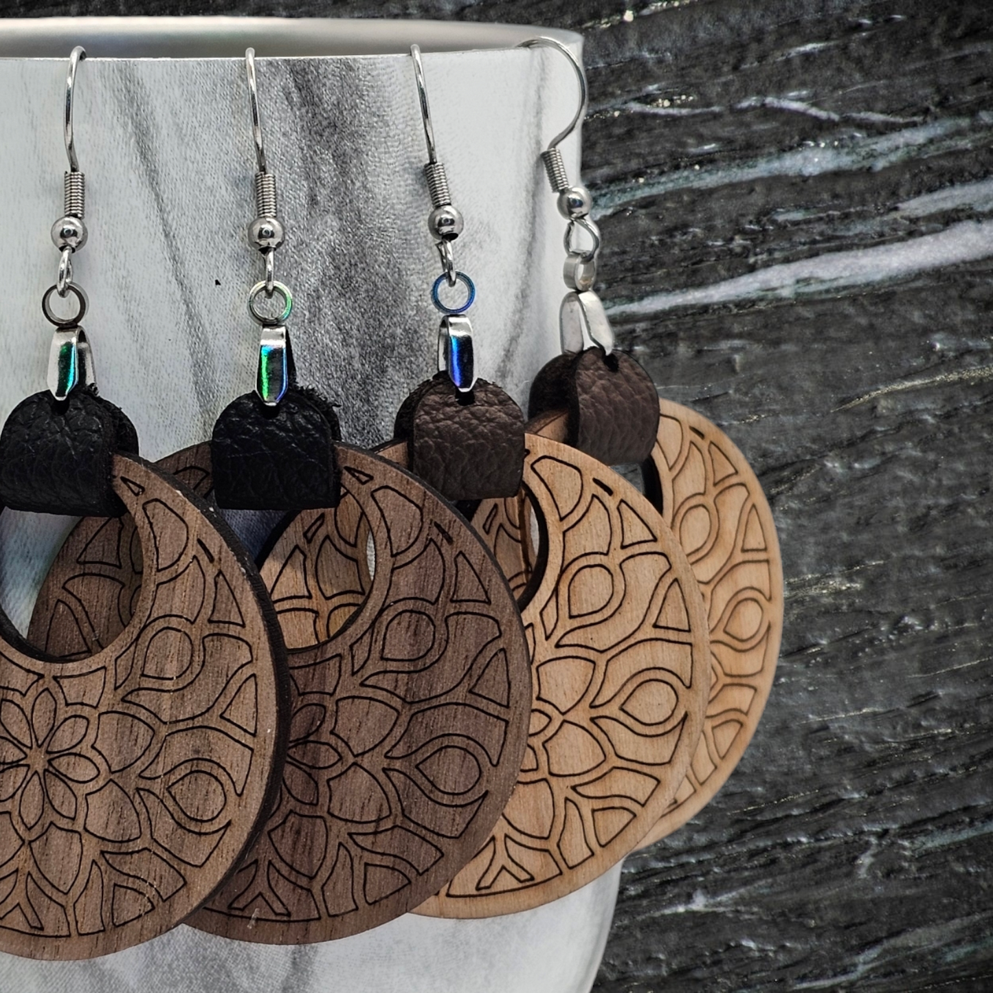 Mandala Walnut or Oak wood and Leather Earrings for a Touch of Artistic Elegance, made with hypoallergenic posts