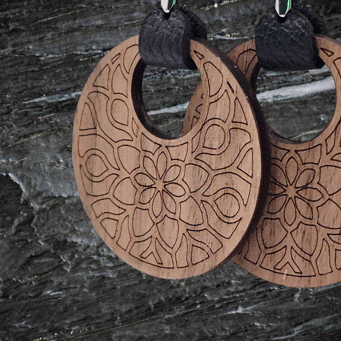 Mandala Walnut or Oak wood and Leather Earrings for a Touch of Artistic Elegance, made with hypoallergenic posts