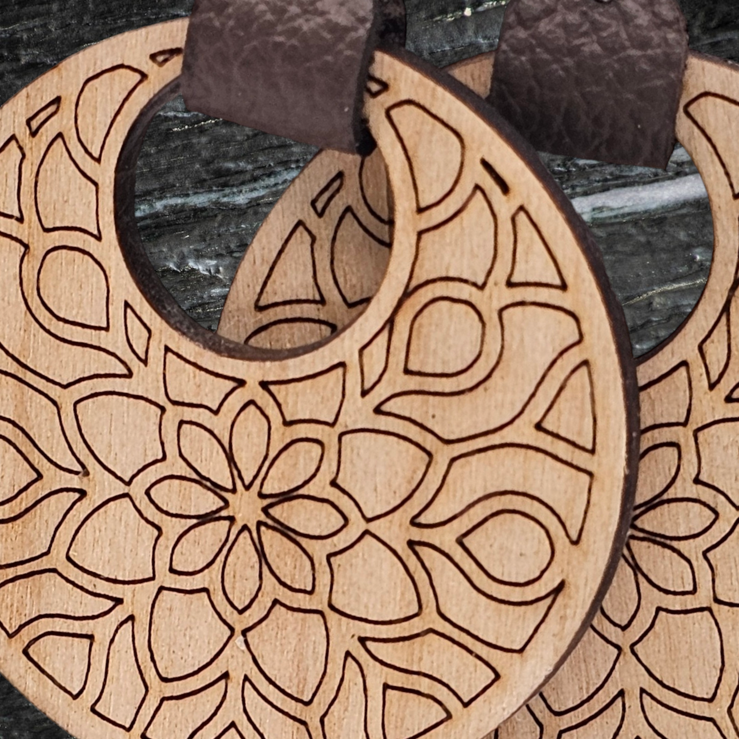 Mandala Walnut or Oak wood and Leather Earrings for a Touch of Artistic Elegance, made with hypoallergenic posts