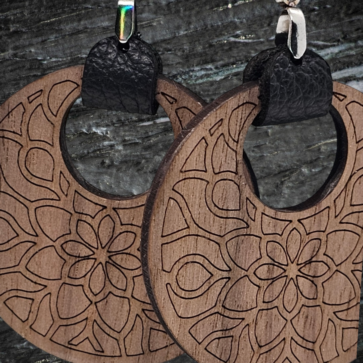 Mandala Walnut or Oak wood and Leather Earrings for a Touch of Artistic Elegance, made with hypoallergenic posts