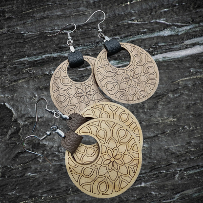 Mandala Walnut or Oak wood and Leather Earrings for a Touch of Artistic Elegance, made with hypoallergenic posts