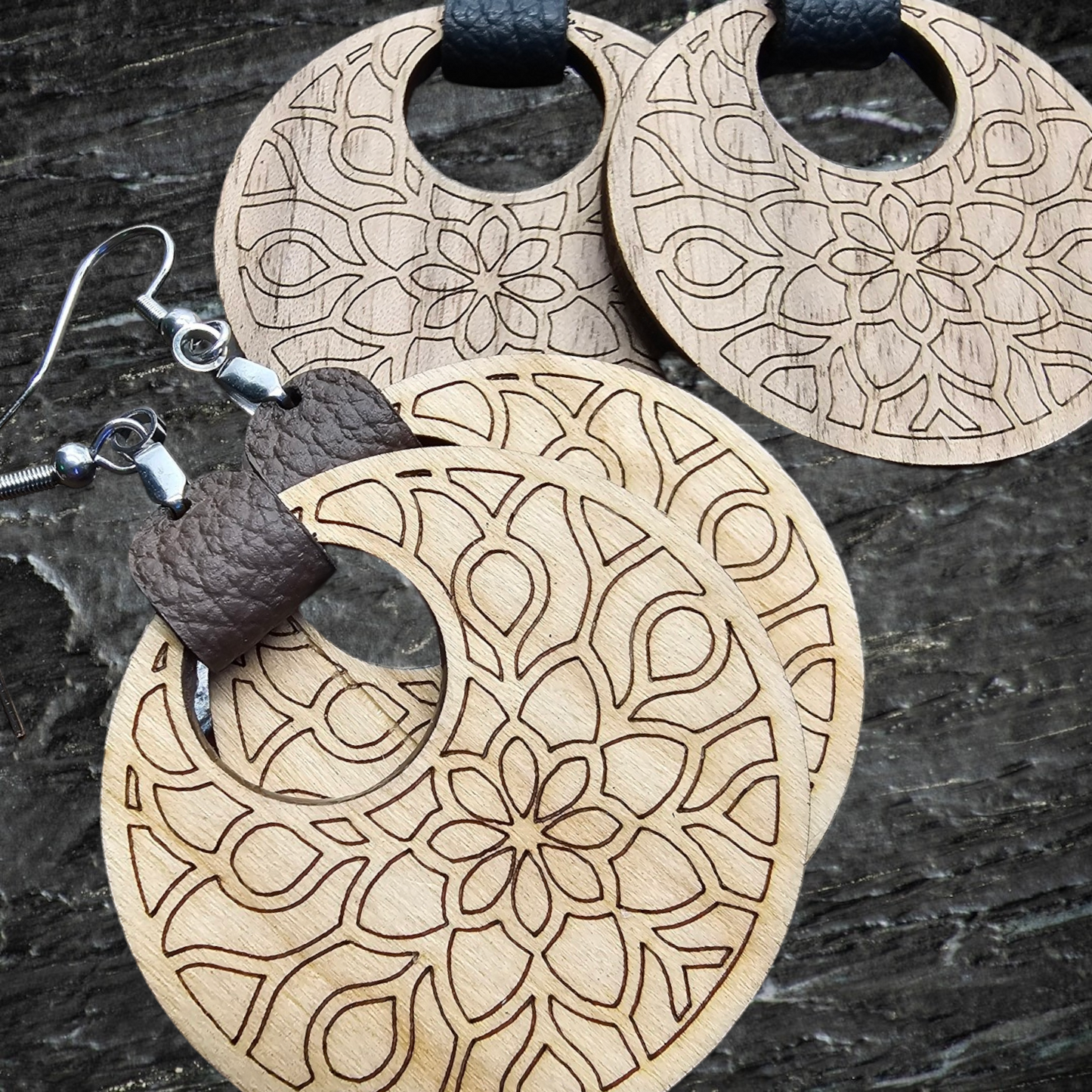 Mandala Walnut or Oak wood and Leather Earrings for a Touch of Artistic Elegance, made with hypoallergenic posts