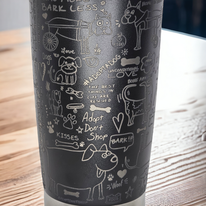 Engraved 20 oz tumbler, celebrating rescued paws and wagging trails