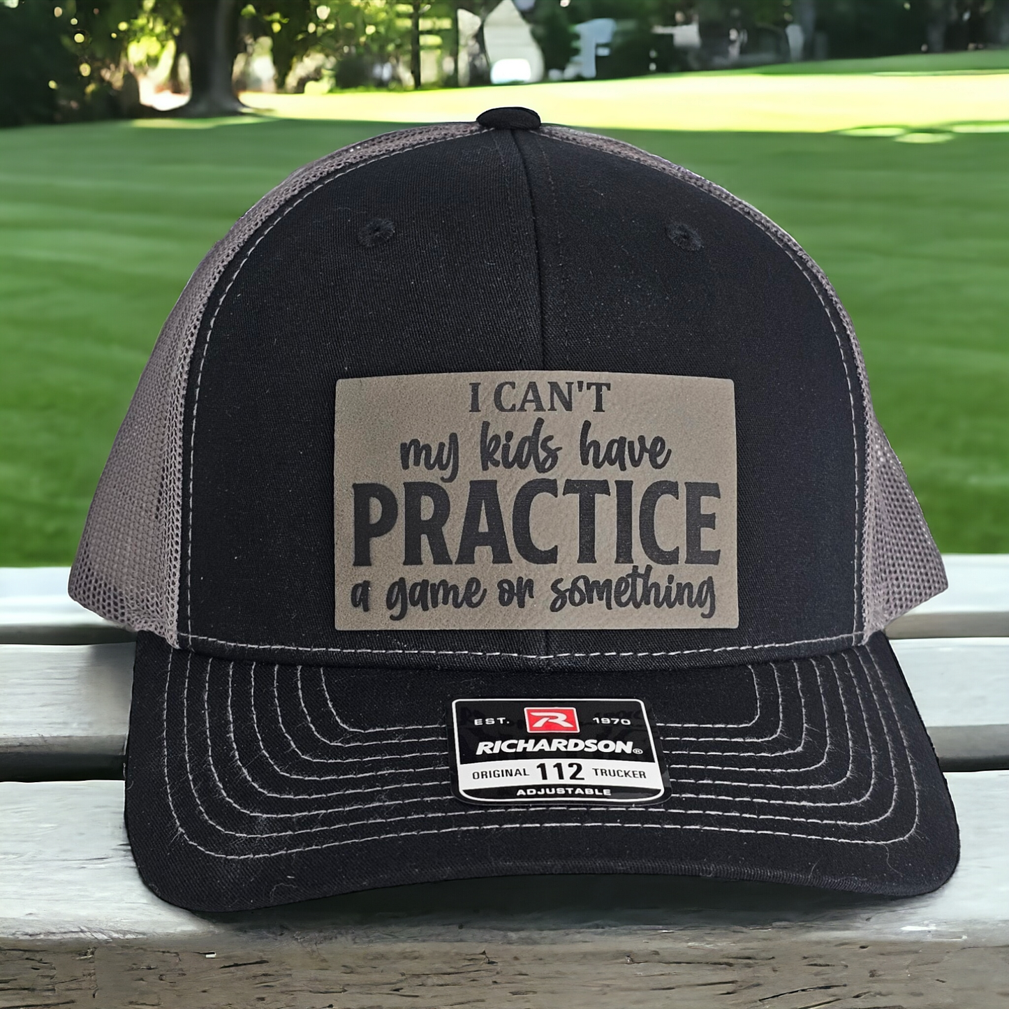 Baseball Hat "I Can't My Kids Have Practice" Black Gray Cap, Fun Parenting Hat, Funny Gift for Parents, leather patch