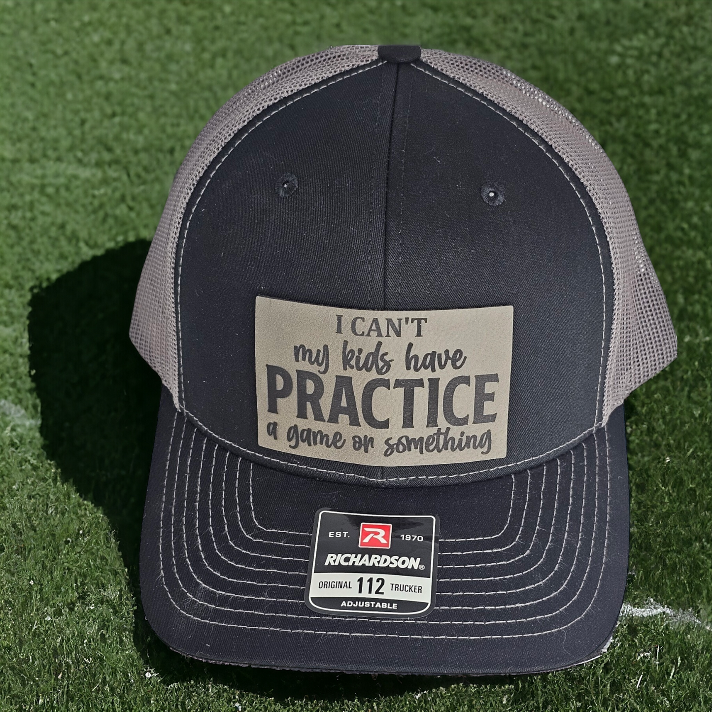 Baseball Hat "I Can't My Kids Have Practice" Black Gray Cap, Fun Parenting Hat, Funny Gift for Parents, leather patch