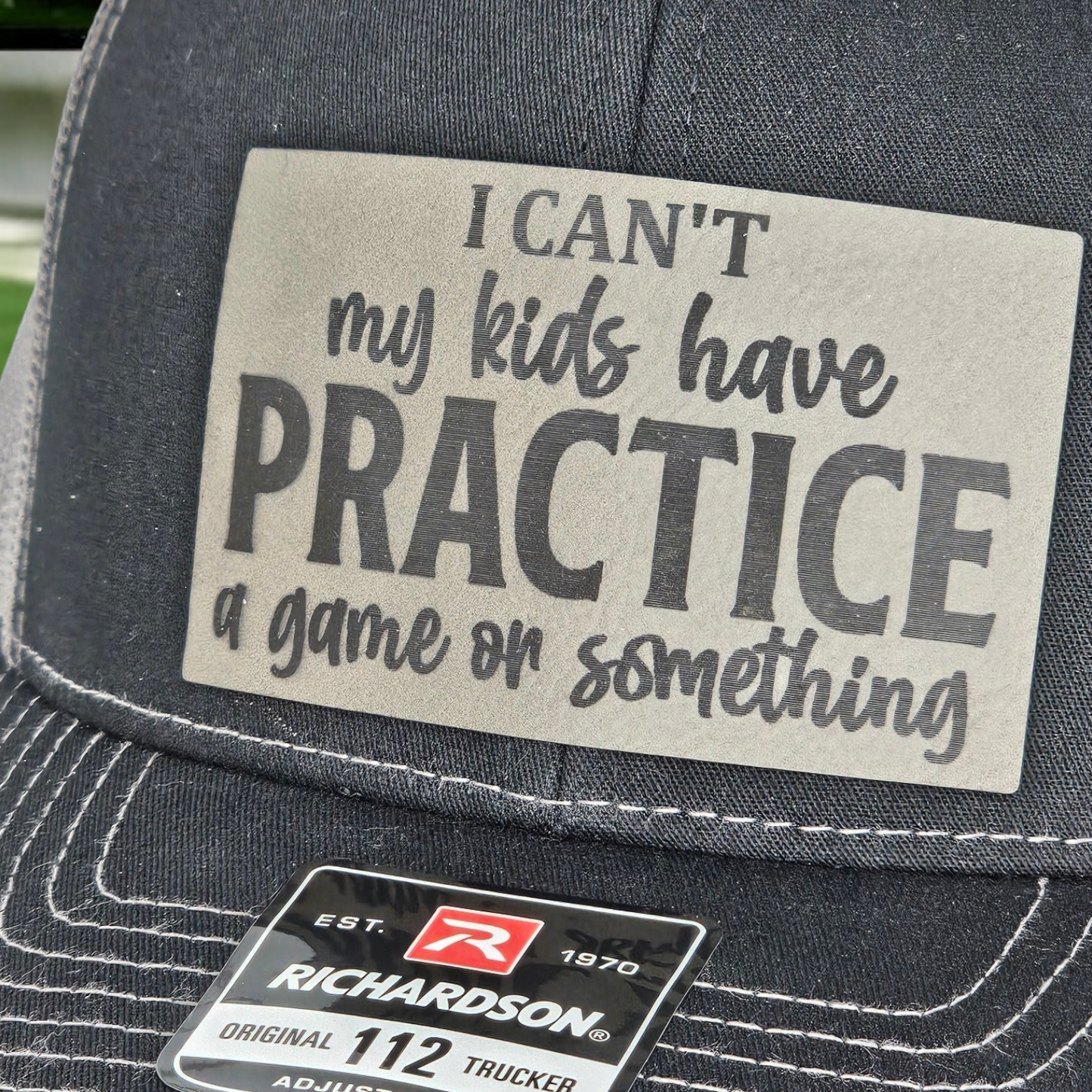 Baseball Hat "I Can't My Kids Have Practice" Black Gray Cap, Fun Parenting Hat, Funny Gift for Parents, leather patch