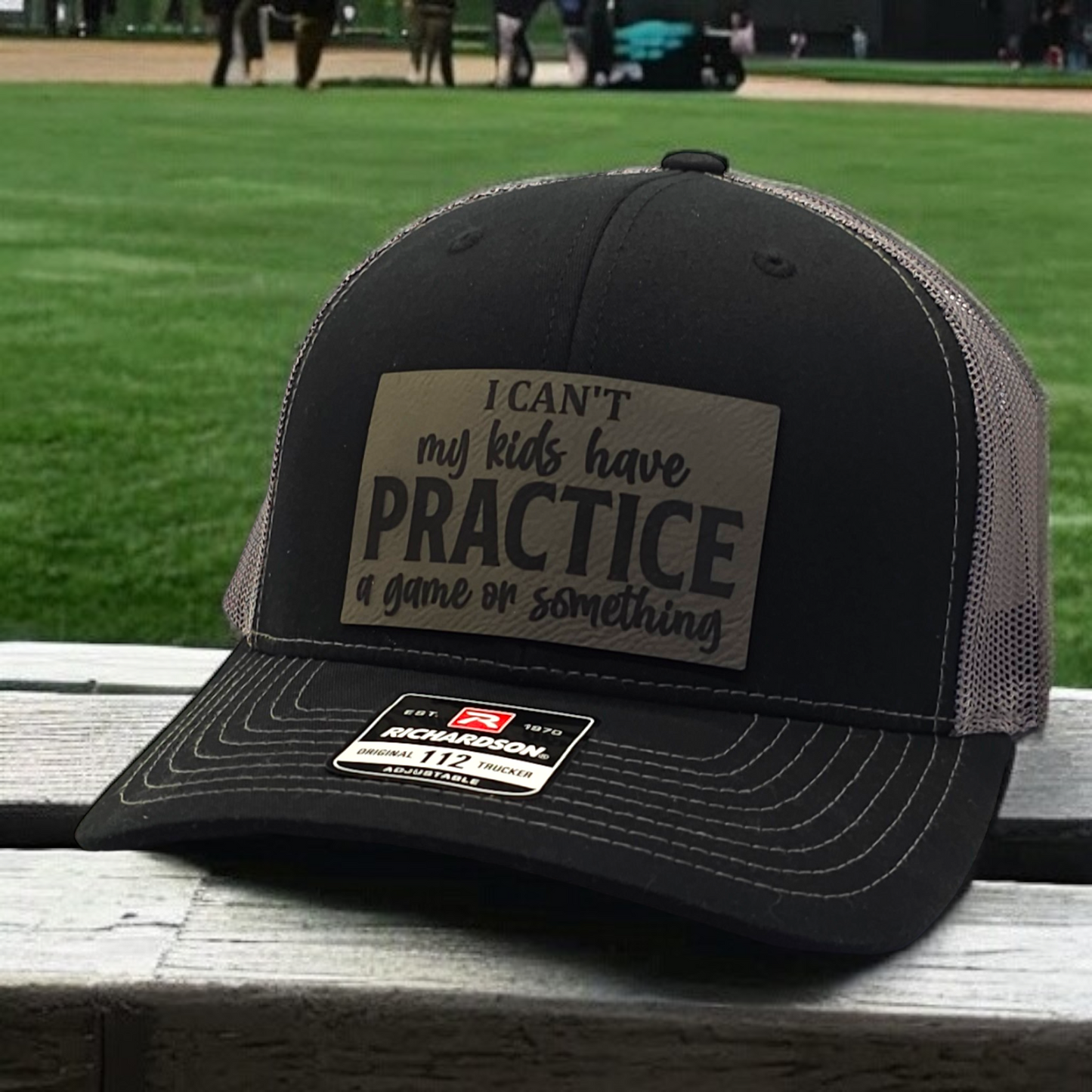 Baseball Hat "I Can't My Kids Have Practice" Black Gray Cap, Fun Parenting Hat, Funny Gift for Parents, leather patch