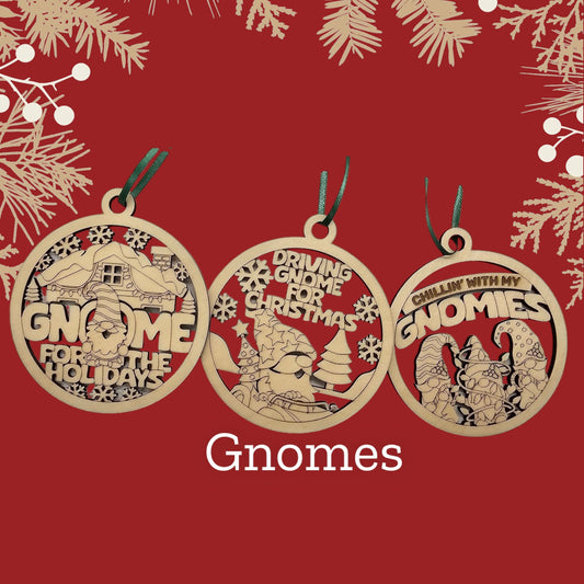 Cheerful Gnome Chuckles: Trio of Hilarious Holiday Ornaments, Chilling with my Gnomies, Gnome for the holidays, Driving Gnome